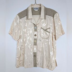 Vintage 80s City Girl by Nancy Bolen Funky Button Up Short sleeve Sz S Satin